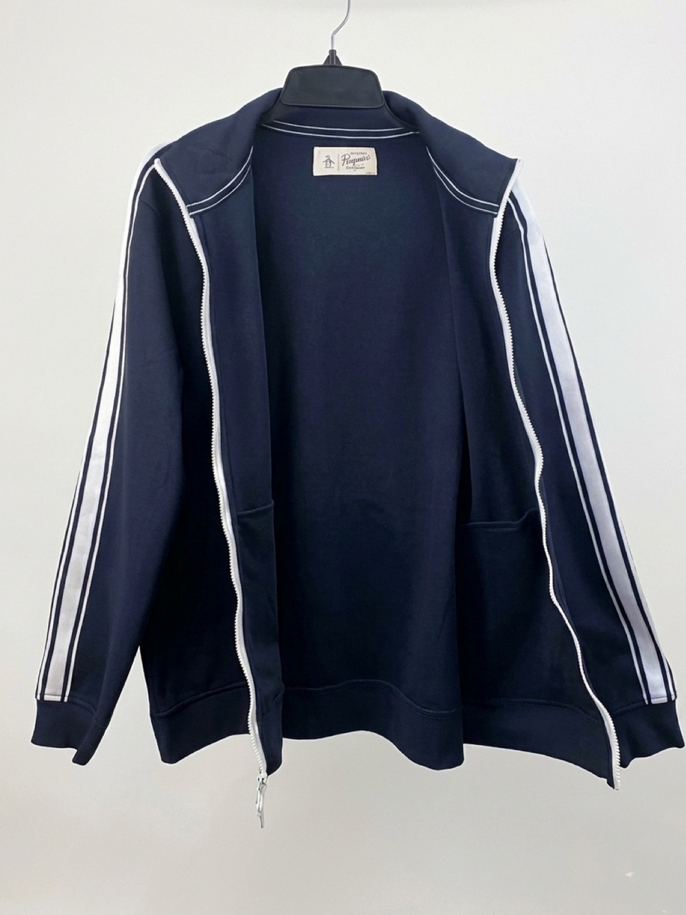 Original Penguin Navy Blue Track Jacket XXL White Sleeve Stripe Full Zip - Picture 5 of 11
